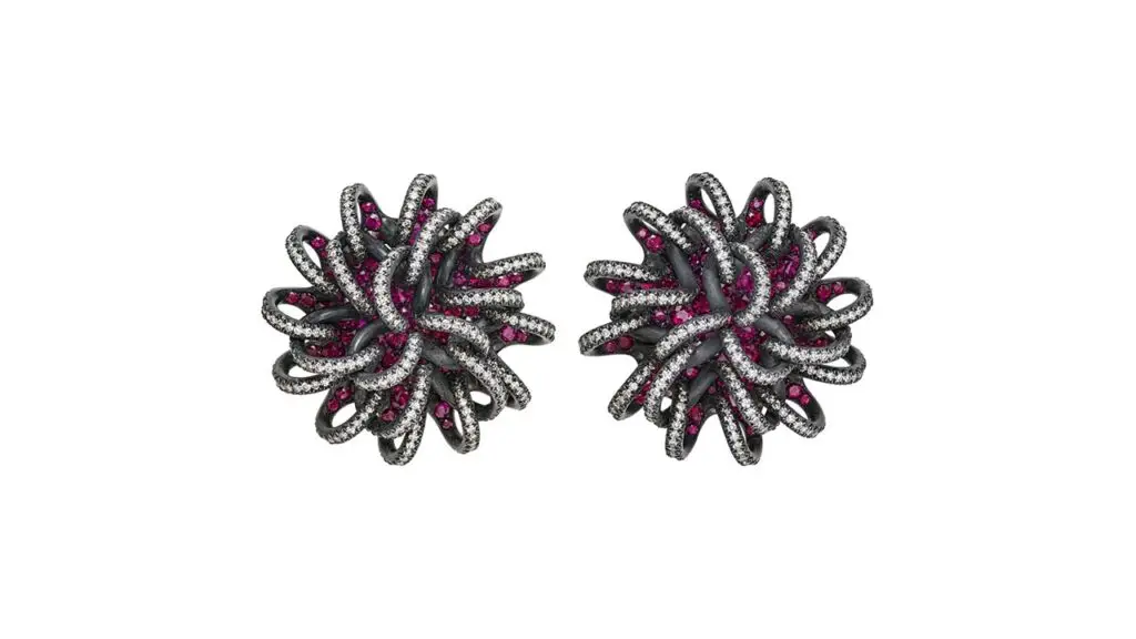 Spiraling Thread earrings featuring round rubies and diamonds at Christie's image
