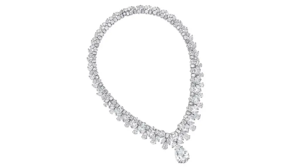 Harry Winston necklace bearing a pear brilliant-cut diamond, a round brilliant-cut diamond and round, pear, emerald and marquise-shaped diamonds at Christie's image