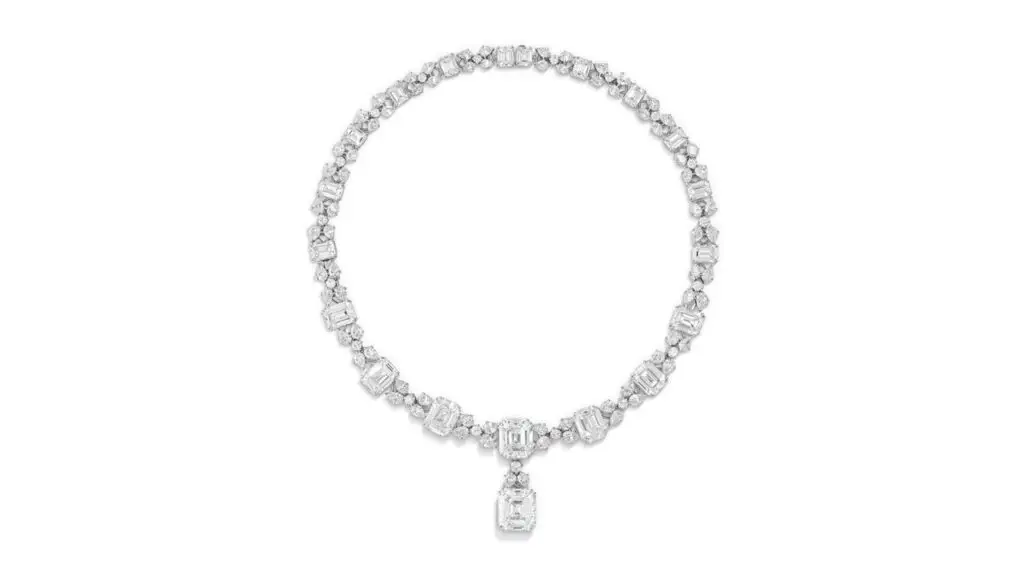 Diamond necklace featuring eight emerald-cut diamonds, as well as rectangular, pear-shaped and round diamonds at Christie's image