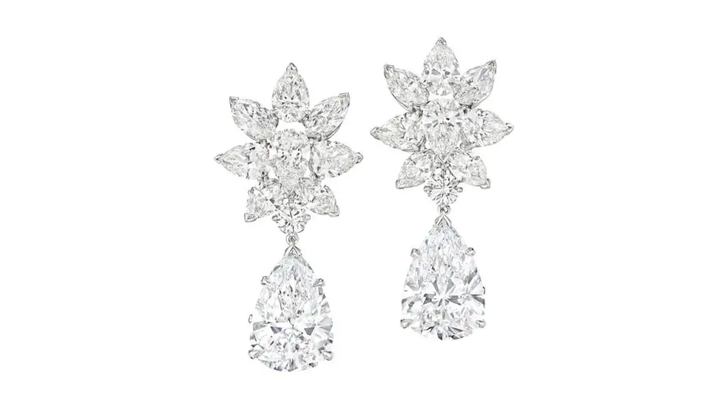 Van Cleef & Arpels pendant earrings including two pear brilliant-cut diamonds, as well as smaller marquise, pear and round diamonds at Christie's image