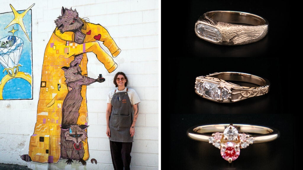 ilah Cibis with, from top, her Estuary, Moderne, and Peaches and Cream diamond rings image