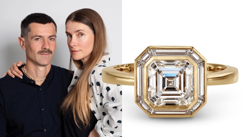  Tomer and Tanya Mikaeilyn with a modern emerald-cut diamond halo engagement ring image