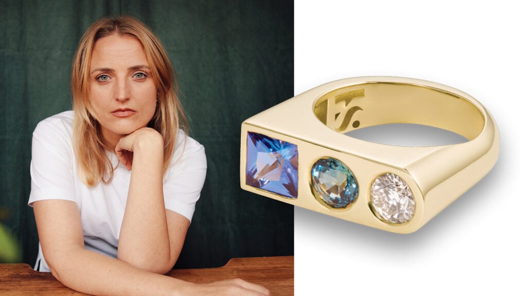 Sam Hamilton with a ring featuring a diamond, a Montana sapphire and a tanzanite image