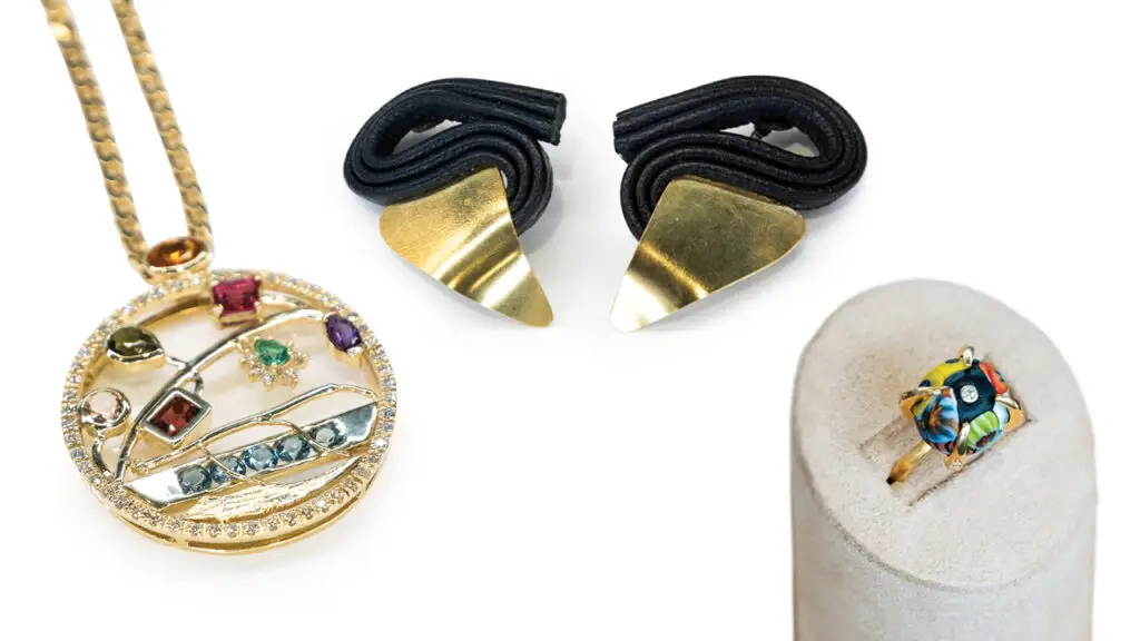 The Sleeping Tree pendant by Venasho Phiri of Zambia (left); Evoke earrings by One Rapelana of Botswana (center); 1000 Flowers ring by Stefania Indelicato of the UK, Eritrea and Italy (right) images