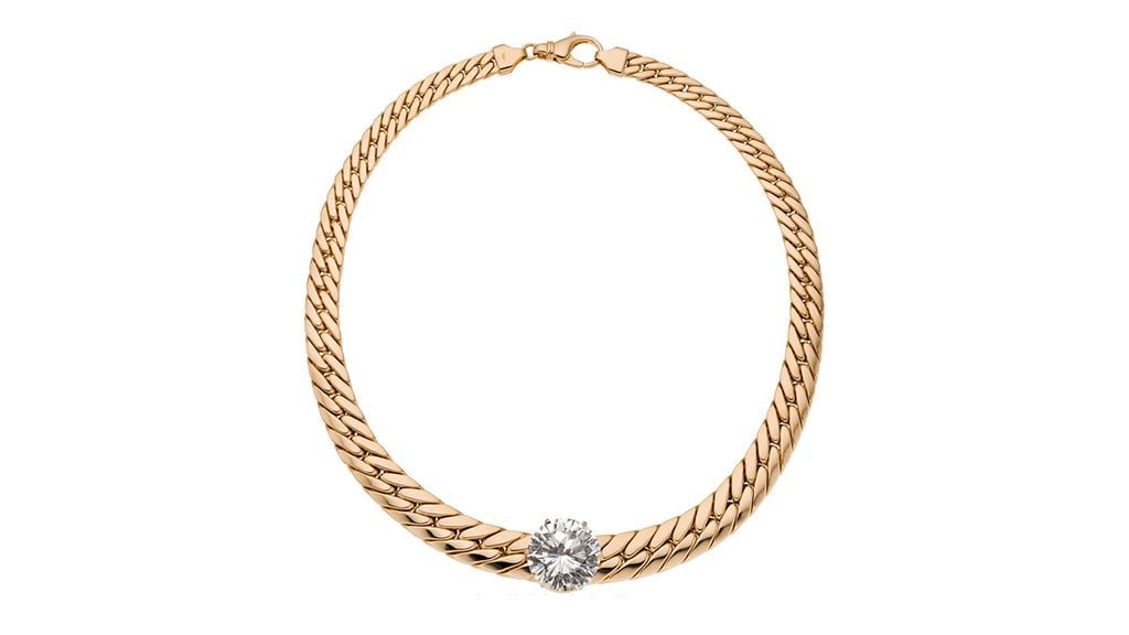 A gold necklace sporting a round brilliant-cut, 22.06-carat, K, I1 diamond at Heritage Auction image
