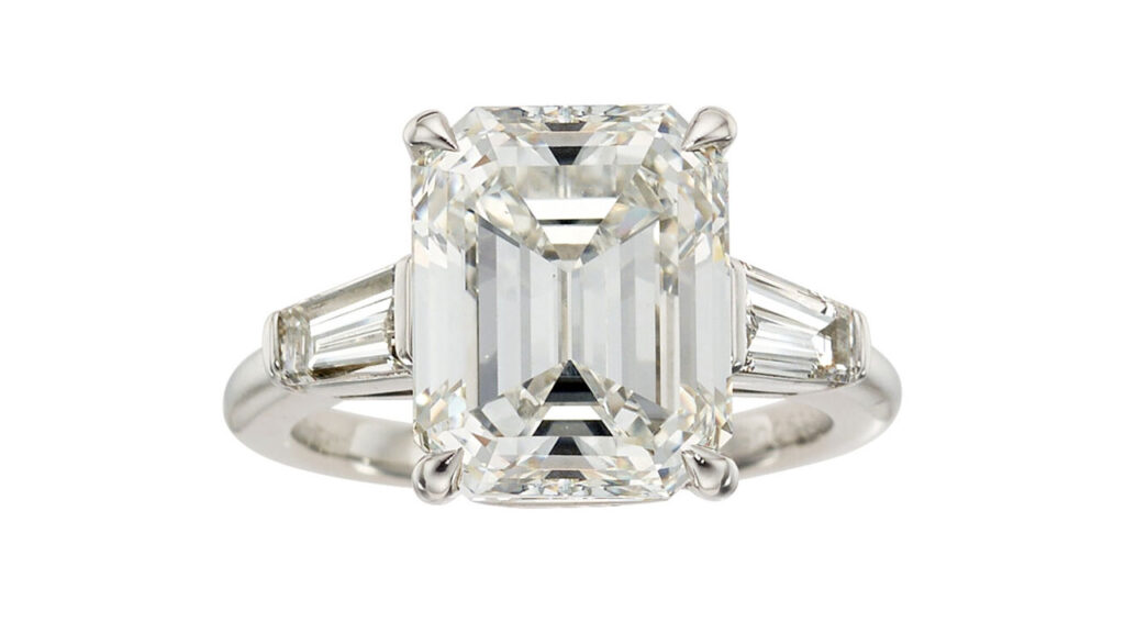Tiffany & Co. ring with an emerald-cut diamond center stone between tapered baguette diamond shoulders at Heritage Auctions image