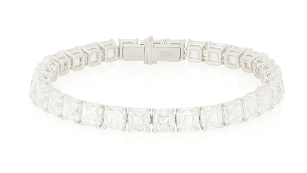 Bracelet comprises 32 emerald-cut diamonds weighing between 1 to 1.03 carats at John Moran image