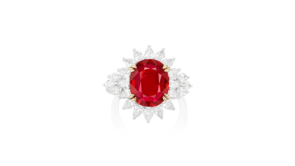 An oval, 6.06-carat Mozambican ruby is the star of this ring. It’s framed by pear- and marquise-shaped diamonds, with brilliant-cut diamonds on the shoulder at Phillips image