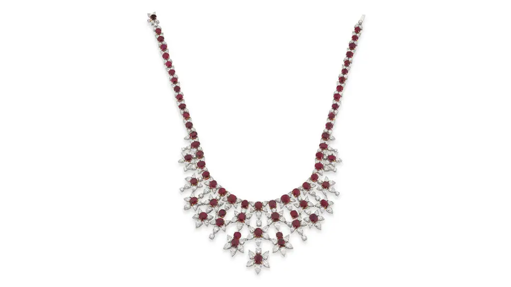 Fringe necklace featuring Burmese rubies and diamonds at Phillips image