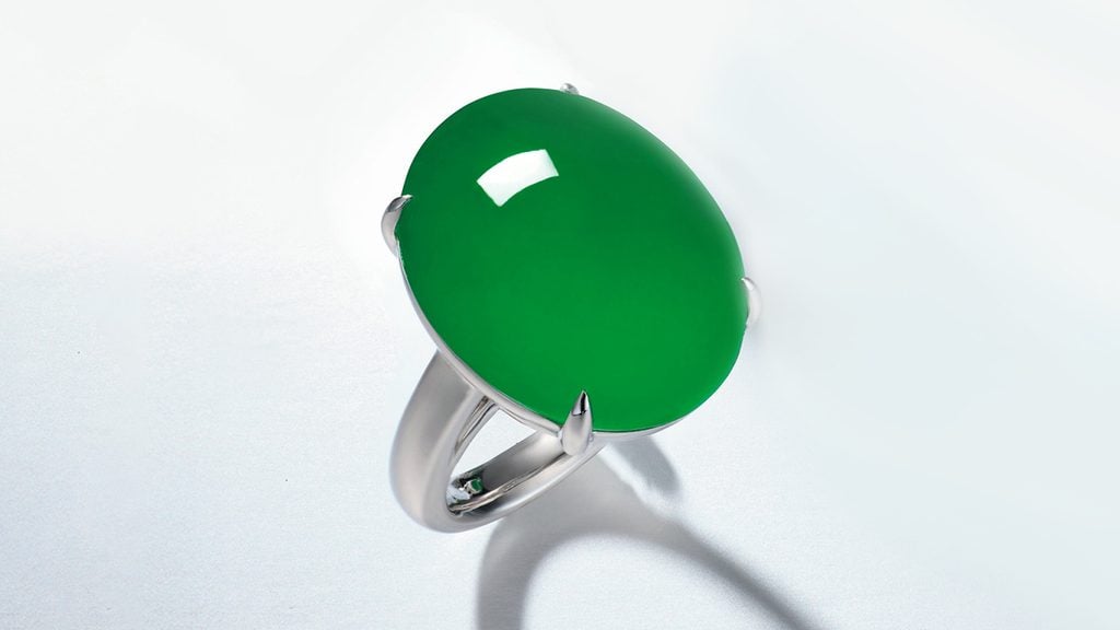 This ring sports a Burmese jadeite cabochon at Poly Auction image