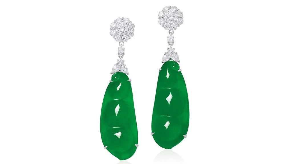 A pair of earrings designed as peapods, featuring jadeite carved plaques suspended from pear and circular-cut diamonds at Poly Auction image