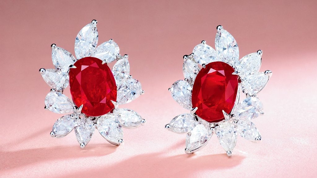The auction house is offering this pair of earrings containing oval-cut, 2.92- and 3.21-carat Burmese rubies, each in a surround of marquise and pear-shaped diamonds at Poly Auction image