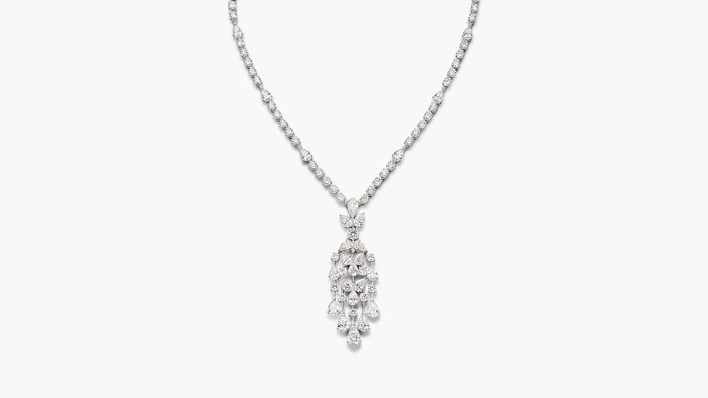A Graff pendant necklace is set throughout with 27.60 carats of pear-shaped and brilliant-cut, G to H, predominantly VS diamonds at Sotheby's image