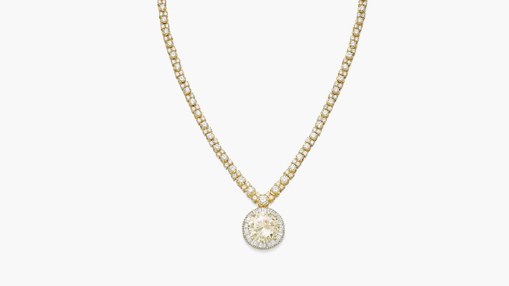 A detachable pendant centering a brilliant-cut, 11.08-carat, W to X, VVS2 diamond within a tapered baguette diamond frame, suspended from a brilliant-cut diamond necklace at Sotheby's image
