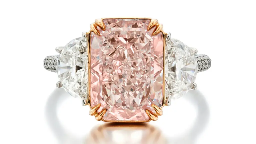 A cut-cornered rectangular mixed-cut, 5.07-carat, fancy-pink diamond ring by Sotheby's image