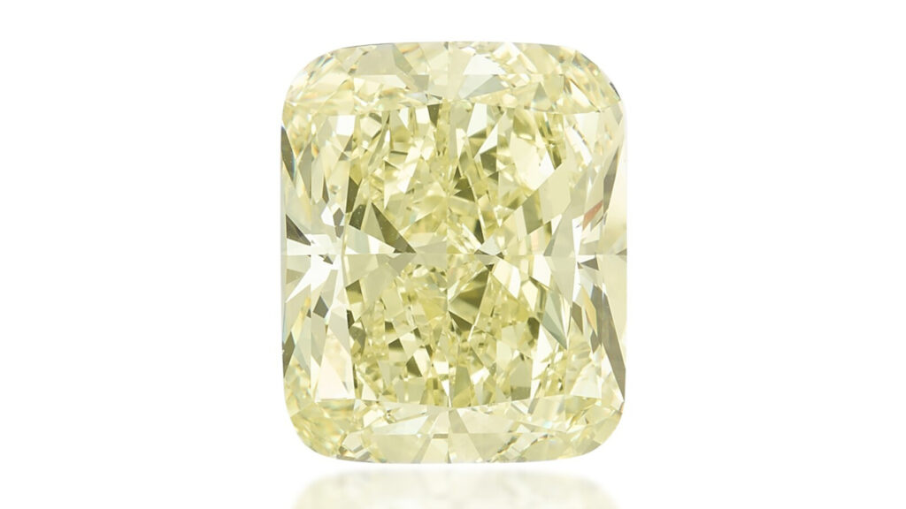 Cushion modified brilliant-cut, fancy-light-yellow, VVS2-clarity diamond ring at Sotheby's image