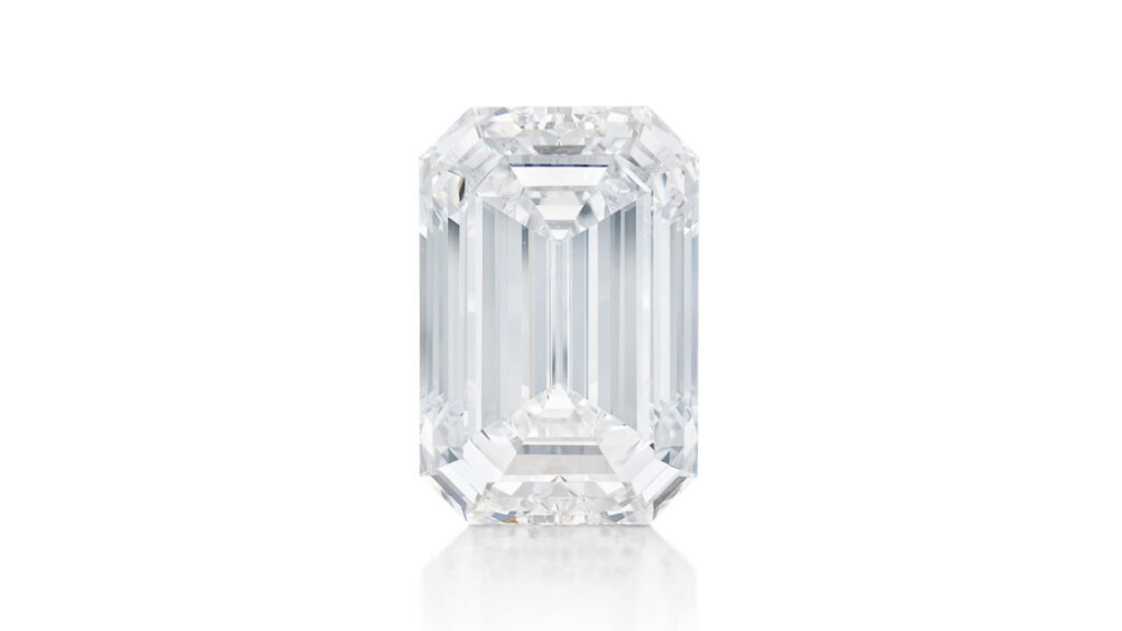 Ring set with an emerald-cut, D-color, its band decorated with brilliant-cut diamonds at Sotheby's image