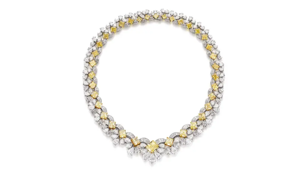 Graff necklace featuring 30 cut-cornered rectangular, fancy-intense-yellow diamonds, as well as six cut-cornered rectangular and square diamonds with a yellow tint at Sotheby's image