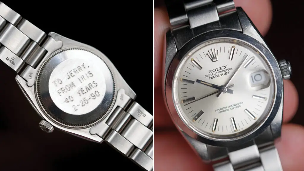 Harris’s Rolex Datejust ref. 6824 from the front (right) and back (left), with original engraving images