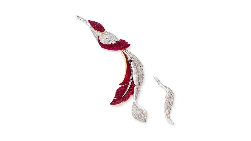 A Van Cleef & Arpels Oiseau Mystérieuxclip brooch featuring rubies and diamonds at Christie's image