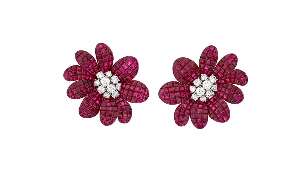A pair of Van Cleef & Arpels Cadix ruby and diamond earrings at Christie's image