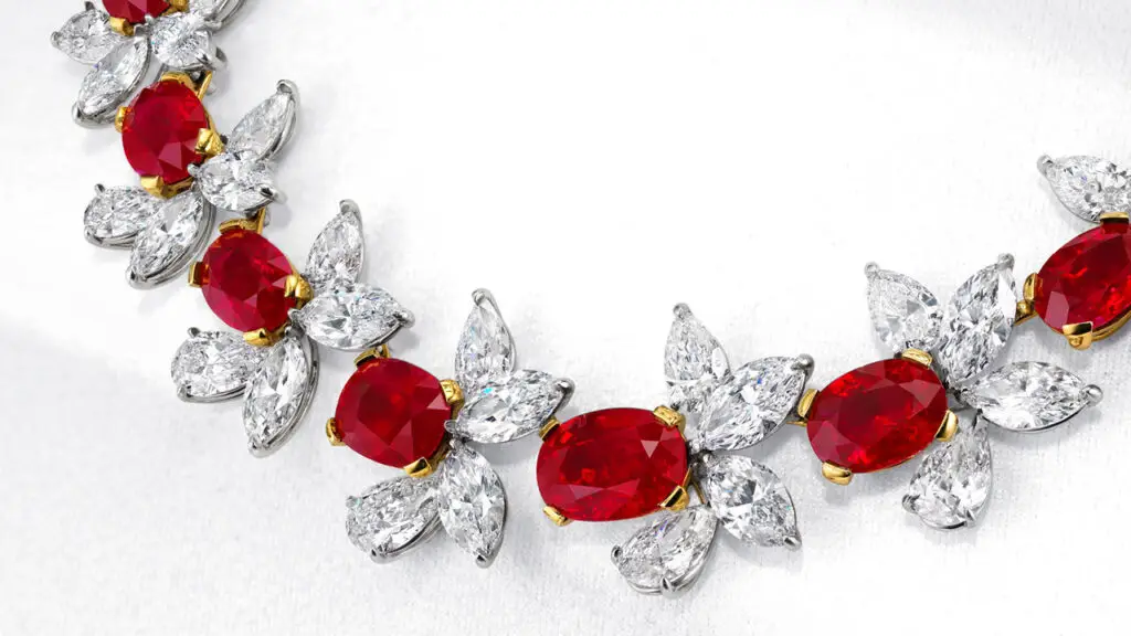 Necklace featuring Burmese rubies, and pear and marquise-shaped diamonds at Christie’s image