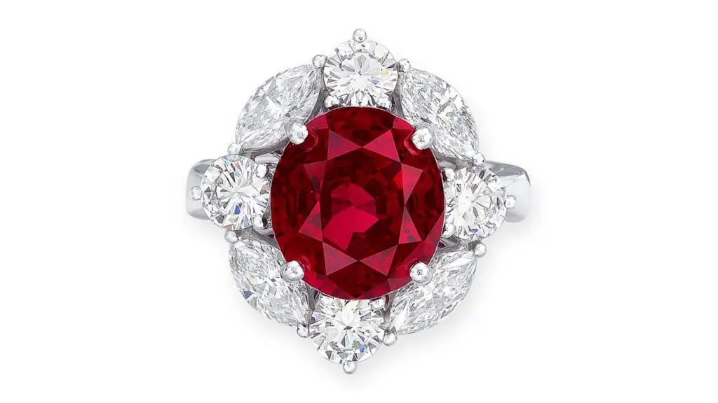 Ring containing oval pigeon’s blood Burmese ruby and diamonds at Christie's image