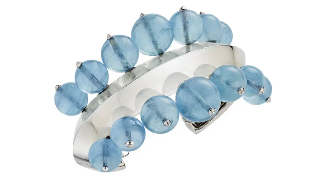 White-gold and aquamarine-bead cuff by Suzanne Belperron that sold at Christie’s image