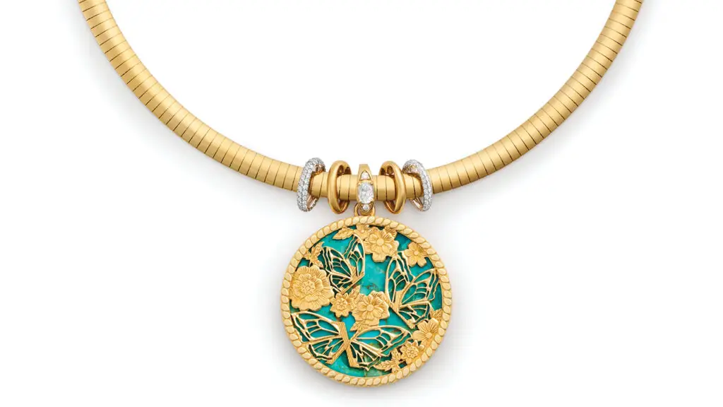 Butterfly Screen on Stone collar necklace in gold, turquoise and diamonds with Heart Beat slides image