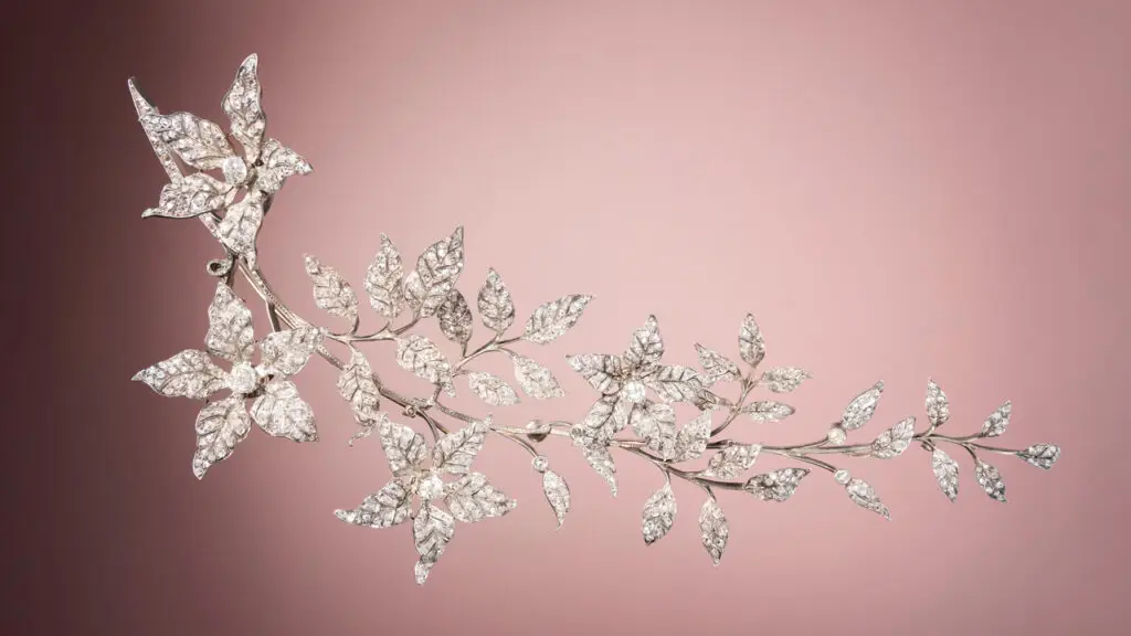 A brooch from around 1850 is designed as a spray of flowers. It features 40 carats of old, round and rose-cut diamonds. The piece, which made almost 12 times its high estimate, also includes pins so the jewel can be worn in the hair at Christie's image