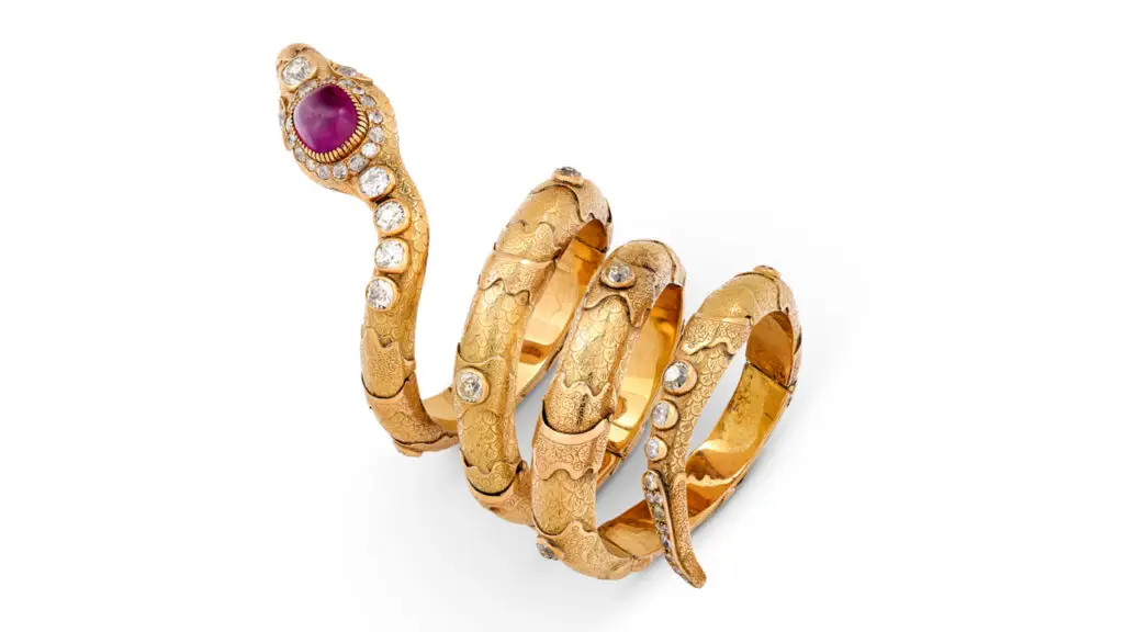 A Codognato bracelet designed as a snake fetched over 25 times its high estimate. It sports a cabochon ruby and approximately 20 carats of old-cut diamonds at Christie's image