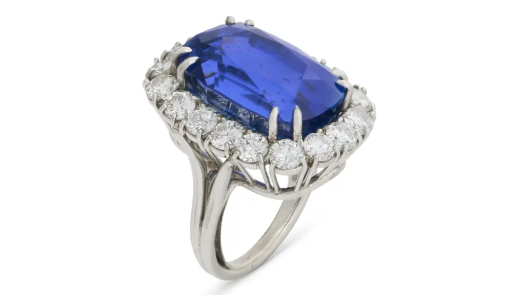 A Harry Winston ring bearing an antique cushion-shaped, 29.95-carat Ceylon sapphire, in a frame of round diamonds at Christie's image