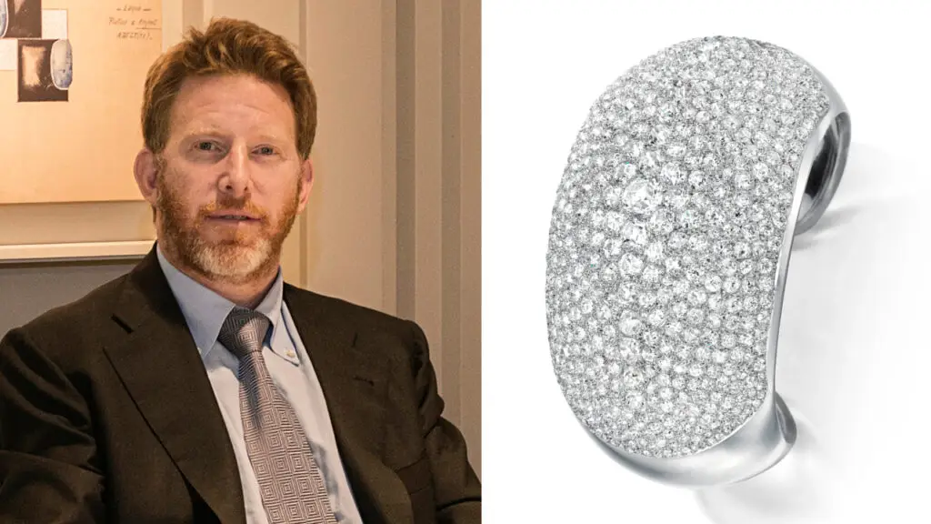 Left: Lee Siegelson headshot; Right: platinum and diamond Tranche bracelet by Juliette Moutard