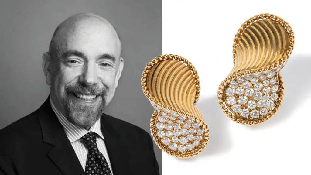Left: Paul Lubetsky headshot; Right: Cartier diamond earrings in 18-karat yellow gold, circa 1940s, from Windsor Jewelers