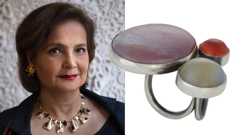 Left: Mahnaz Ispahani Bartos headshot; Art Smith silver ring with gemstone cluster, circa 1950, at Mahnaz Collection