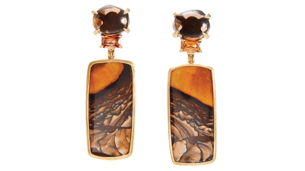 Mountaineer earrings by Daria de Koning in 18-karat gold with smoky citrine, root beer zircon, and Deschutes jasper image