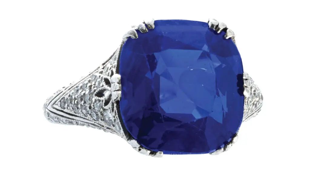 Platinum ring centering a 5.72-carat, fancy-intense-blue diamond from Christie’s image