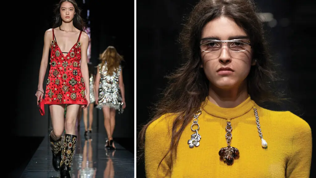 Left: A model wears a jewel-studded dress and boots at the Dolce & Gabbana show. Right: Prada’s accessorized knitwear with oversized charms image