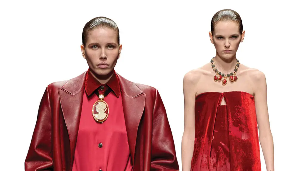 Statement necklaces, worn by models, at the Roberto Cavalli fashion show image