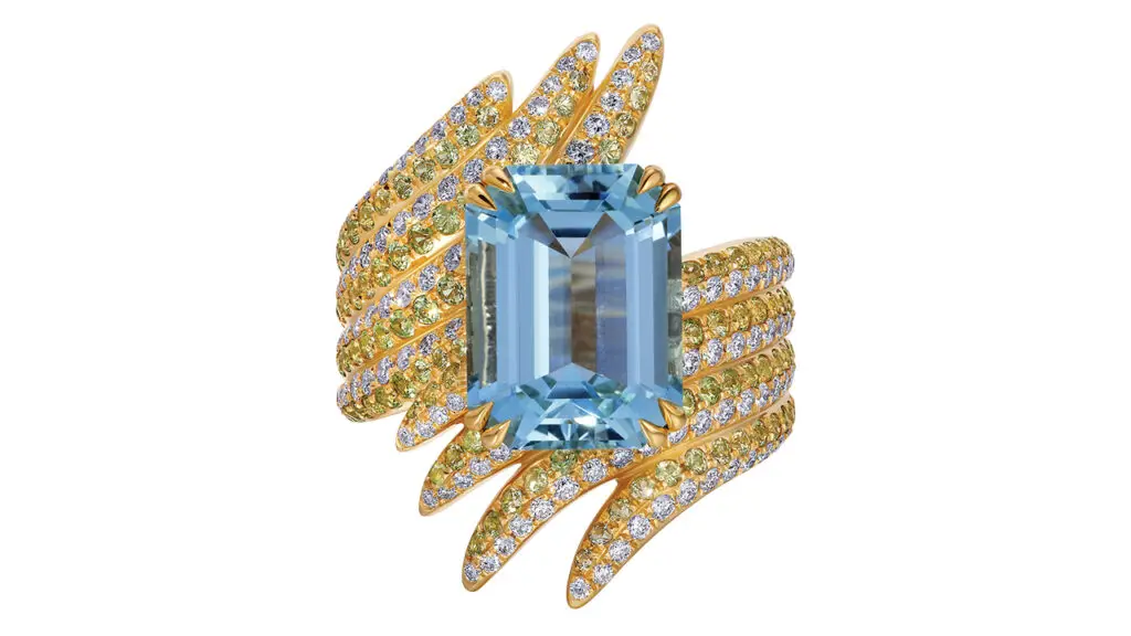 Pássaro ring with aquamarine on a band of diamond and sapphire pavé by Graziela image