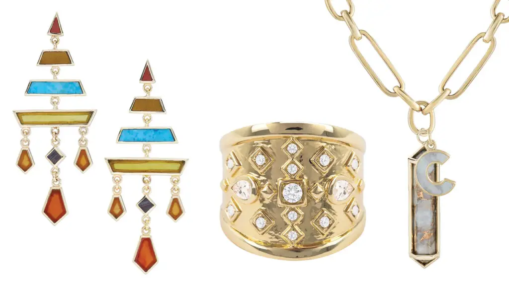Canyon Bloom Tesserae tiered drop earrings; mixed-cut diamond shield ring; Ojo Storm plaque and C letter pendant image