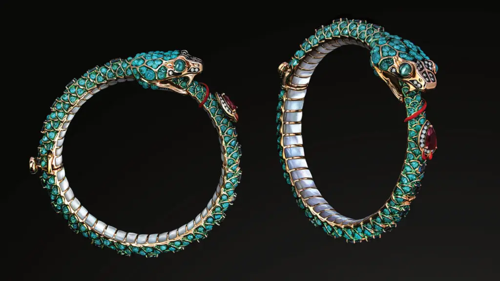 Austy Lee Ouroboros earrings with Paraiba tourmalines and mother-of-pearl image