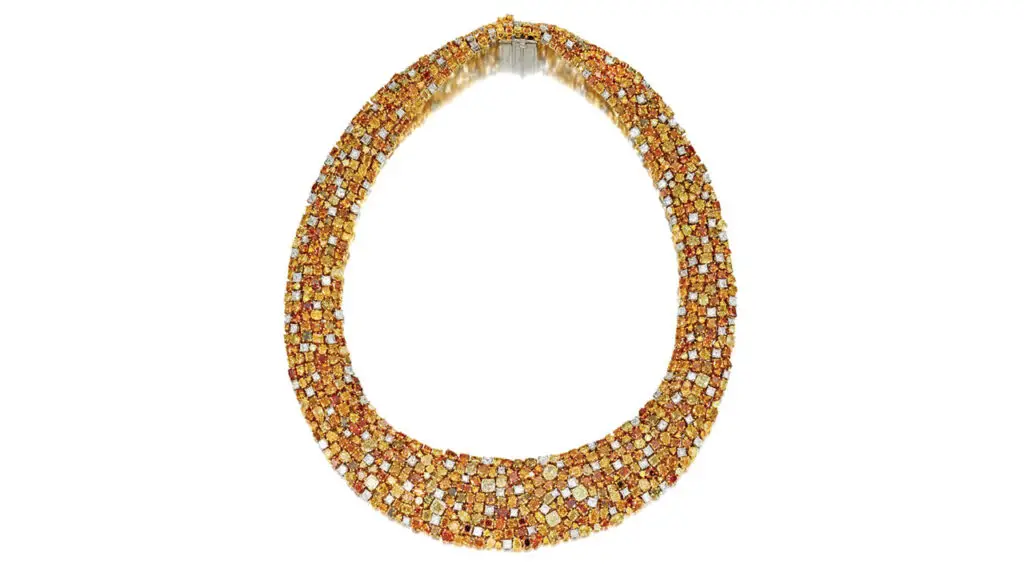 Yellow, brown and orange diamond necklace at Phillips image