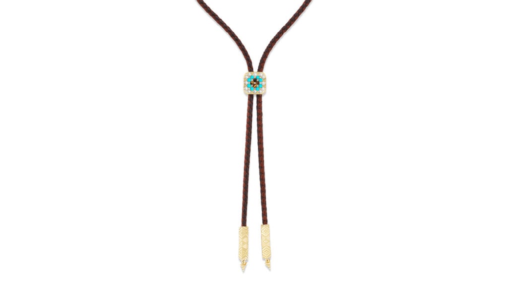 Braided Leather Granny Square Foundation bolo necklace by Harwell Godfrey in 18-karat yellow gold with cultured pearls, turquoise, tiger’s eye, and diamonds image