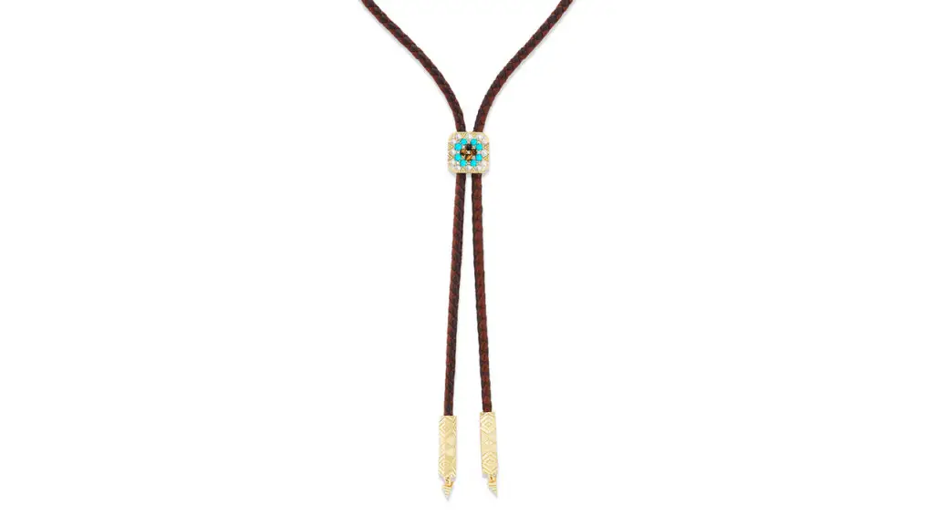 Braided Leather Granny Square Foundation bolo necklace by Harwell Godfrey in 18-karat yellow gold with cultured pearls, turquoise, tiger’s eye, and diamonds image