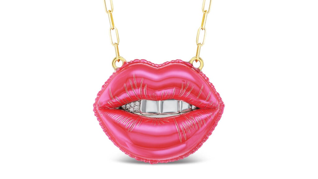 Mouthpiece pendant necklace in color-coated silver with diamonds and white and yellow gold image