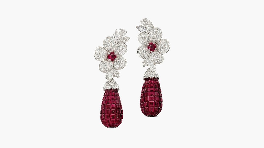Van Cleef & Arpels earrings featuring circular-cut and mystery-cut rubies with pear- and marquise-shaped and brilliant-cut diamonds at Sotheby's image