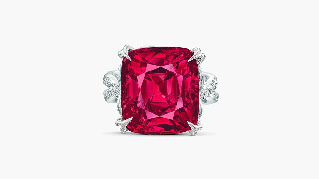 This ring has a cushion-shaped, 21.36-carat Tanzanian spinel and brilliant-cut diamonds at Sotheby's image