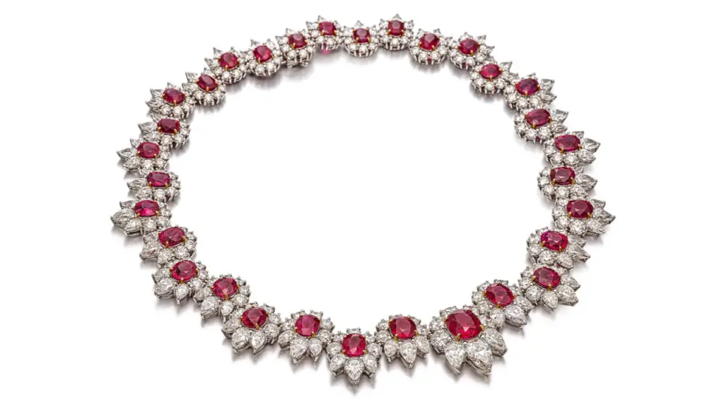 Oval and cushion-shaped Burmese ruby clusters, surrounded by brilliant-cut and pear-shaped diamonds necklace, Sotheby's image
