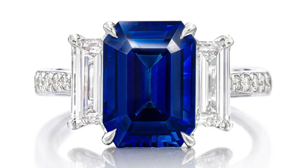 Kashmir sapphire with baguette- and brilliant-cut diamond embellishments ring at Sotheby's image